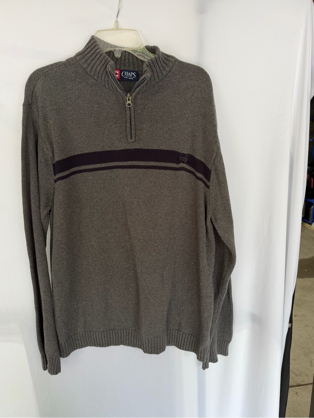 Chaps Men’s Gray Zip-Neck Sweater with Dark Stripe